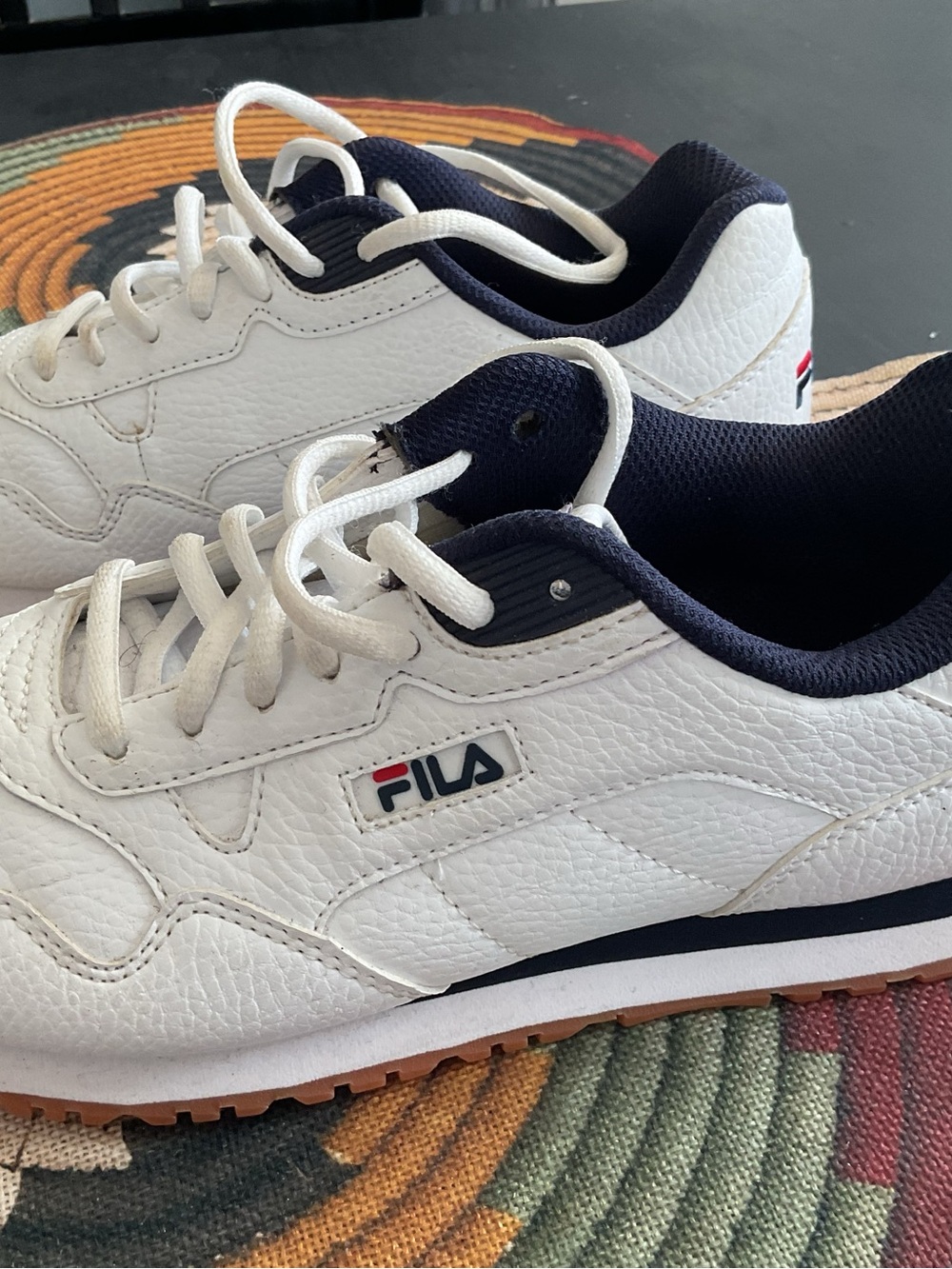 Fila White and Navy Leather Low-Top Sneakers